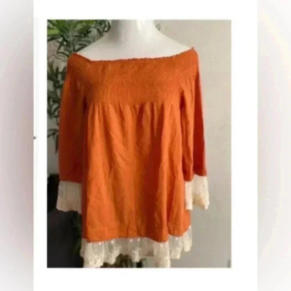 🆕Free People Tea Combo Rust Long Sleeve Smocked Off Shoulder Tunic Lace Edge M🆕 - Picture 2 of 8